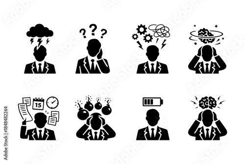 Business stress icons: challenges and solutions in silhouette style