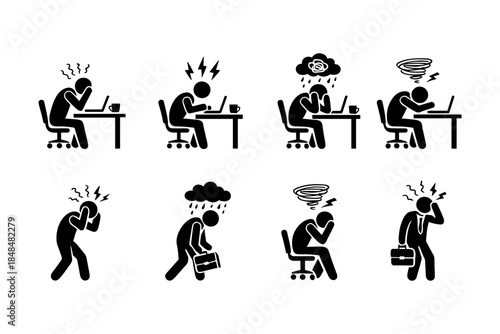 Silhouette icons of workplace stress and overwhelm in various situations
