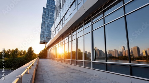 Contemporary business building with full glass curtain wall facade during sunset, urban skyline background. 