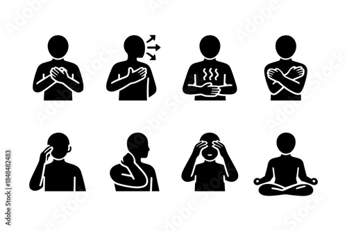 Silhouette icons of mindfulness and stress relief techniques for wellness
