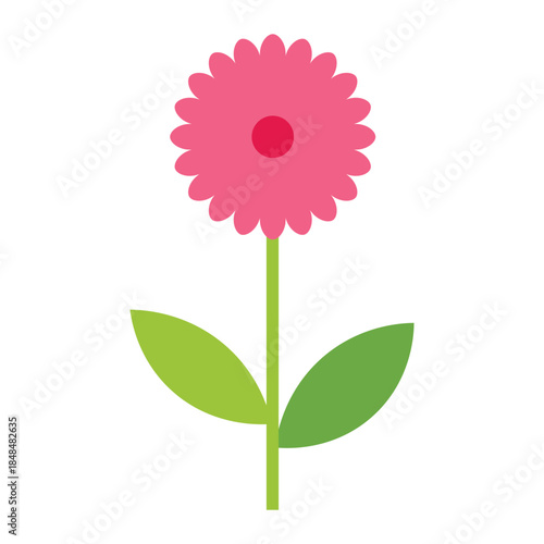 pink flower with red center and green leaves simple flat floral vector illustration isolated on white background
