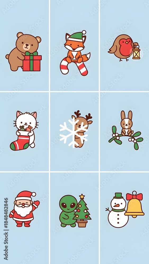 Fototapeta premium Cute Christmas Cartoon Animals and Characters with Festive Holiday Elements like Gifts, Candy Canes, Snowflakes, and Santa on Blue Background