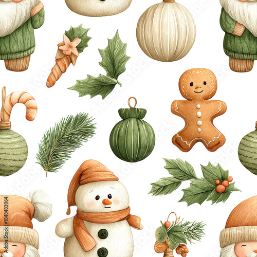Christmas ornaments, gingerbread, and snowman illustrations create festive new year pattern
