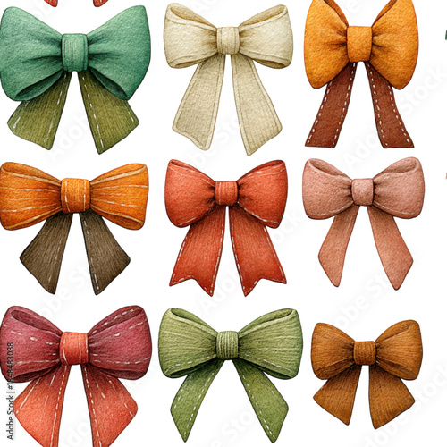 Festive bows in various colors and textures, perfect for Christmas and New Year decorations or gift wrapping