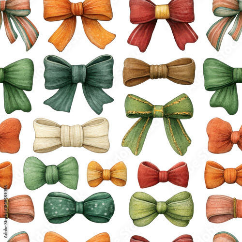 Festive bows green, red, orange, and cream arranged transparency background, perfect for Christmas and New Year decoration