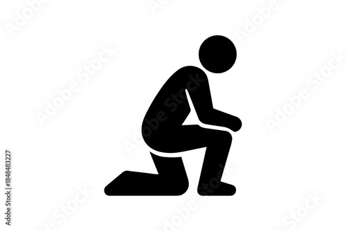 Silhouette of a kneeling figure in simple bold design on white background