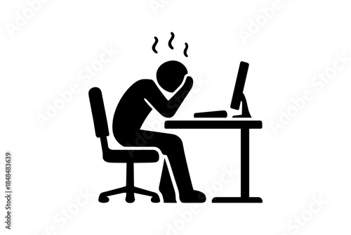 Stressed office worker silhouette at desk with computer