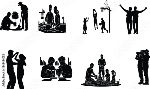 Collection of diverse human silhouettes in various social and emotional scenes