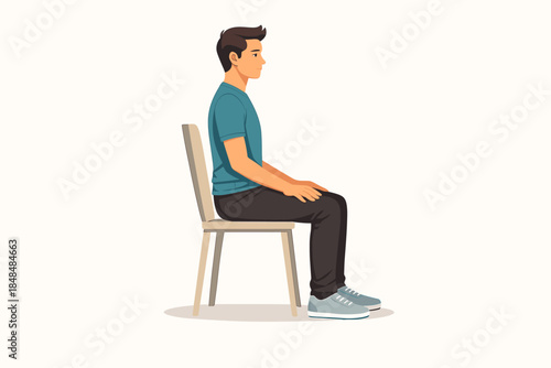 Young man sitting upright on chair practicing good posture in casual outfit