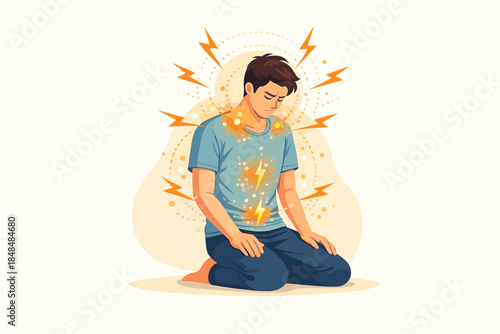 Meditative healing: man kneeling with energy flow in vibrant flat art style