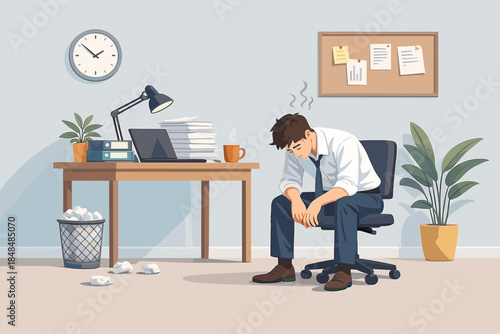 Overworked office employee slumped in chair amid cluttered workspace with papers and plants