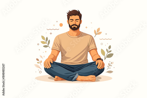 Meditative man in calm relaxed pose with nature elements around