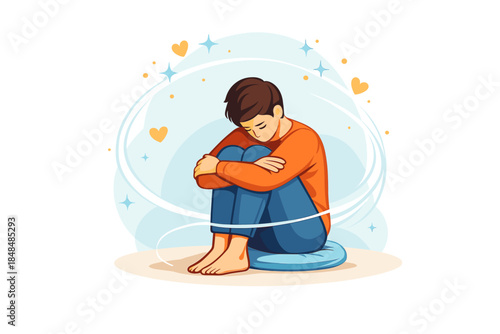 Emotional young man sitting alone surrounded by heart and star symbols in flat art style