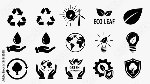 A collection of black and white vector icons representing environmental protection, sustainability, renewable energy, recycling, and eco-friendly concepts.