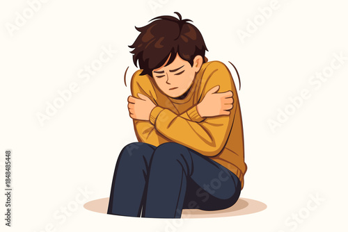 Young person in warm clothes shivering from cold weather in simple style