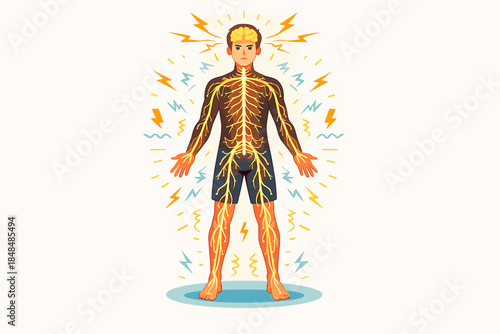 Human nervous system diagram with vibrant colorful energy lines and detailed anatomy