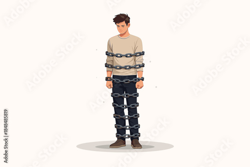 Man bound by chains: symbolizing restriction and challenge in a flat style