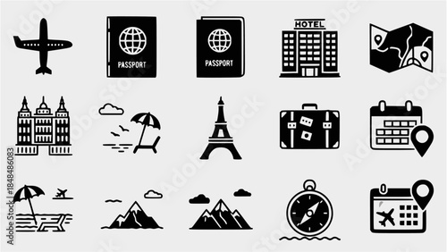 Travel and tourism themed icon set featuring airplanes, passports, hotels, maps, beaches, mountains, and famous landmarks.