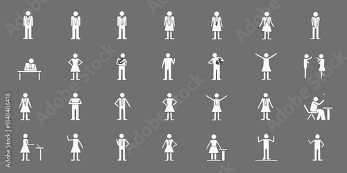Minimalist figures in various poses and with simple objects on a dark background