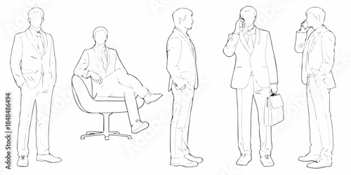 Line art illustration of men in business suits in various poses