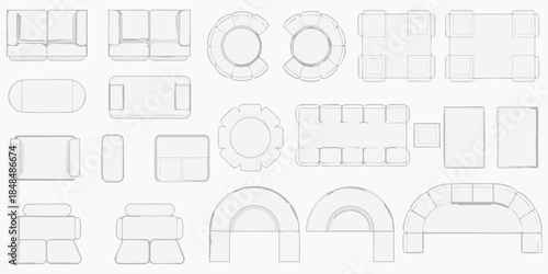 Minimalist furniture arrangement plans sofas chairs tables and arched seating options
