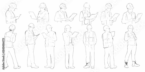Line art illustration of construction workers holding clipboards and wearing helmets