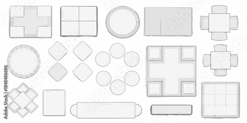 A collection of gray furniture top views including sofas tables and chairs