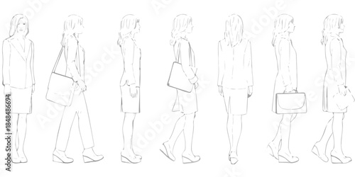 Fashion illustration displaying a woman s outfit in various poses and angles