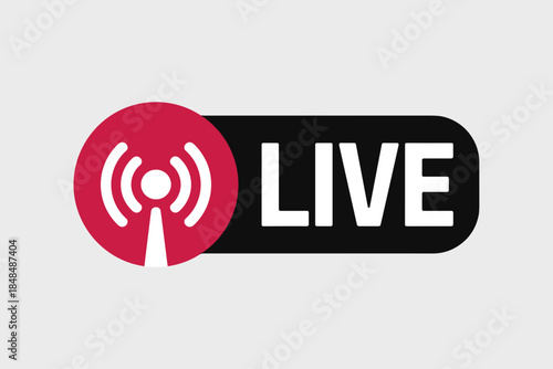 Live Stream Badge Icon On Red Button Design For Broadcasting