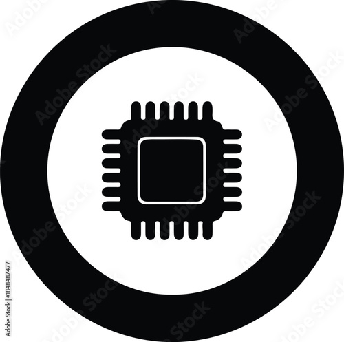 Vector Microchip CPU processor icon symbol in a thick circle silhouette Illustration