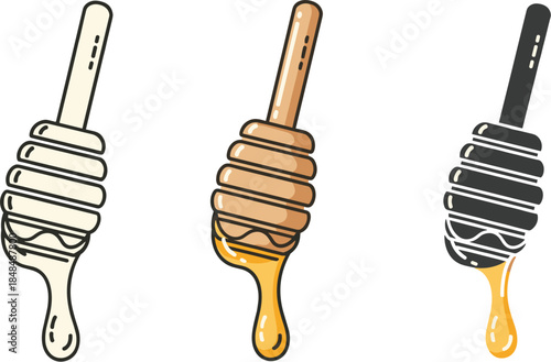 Honey dipper icon set outline, colored and black versions of honey spoon with dripping honey vector illustration of honey dipper isolated on white background