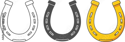 Three horseshoes in different styles isolated on white background outline, silhouette, and golden symbol of good luck, fortune, and protection vector illustration