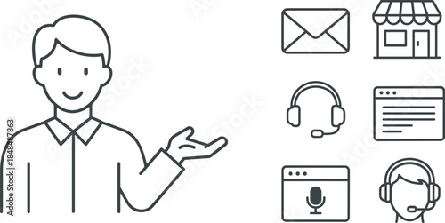 Customer service and communication line art set, featuring smiling support man, shop, email, headset, and browser icons for help desk, online business, and assistance graphic.
