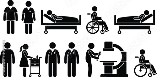 Black Vector Icon Set of Medical Professionals, Doctors, Nurses, Patients in Hospital Beds, and Medical Equipment Like X-ray Machines.