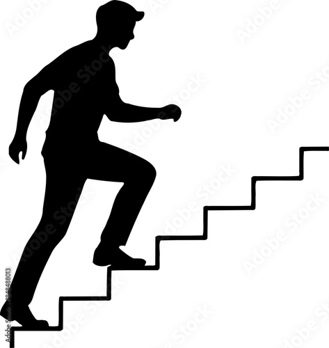 A black silhouette of a man climbing up a staircase