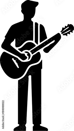 A silhouette of a man playing an acoustic guitar on transparent background