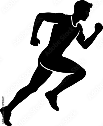 A black silhouette of a man running quickly to the right on transparent background