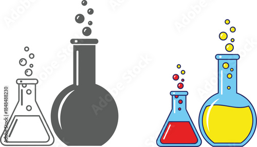 Laboratory glassware with bubbles isolated on white background chemical flask, beaker, test tube for science experiment scientific equipment for research