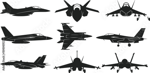 Fighter jet silhouette collection showing various aircraft models, angles, wing types, and landing gear in military aviation vector illustration