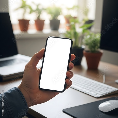 Home Office Smartphone Mockup - Hand Holding Phone with Workspace Background for Remote Work Apps, Business Communication and Virtual Meeting Marketing
