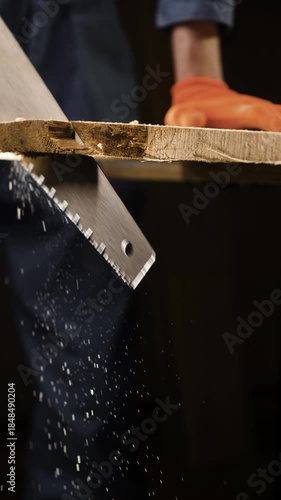 Construction worker using hand saw cuts a wooden plank. Worker with carpentry skills in renovation project.