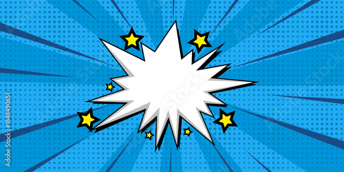 Pop art comic background with cloud and star elements in vibrant blue tones. Cartoon vector illustration inspired by retro comic book style, perfect for posters, banners, ads, headlines, social media.