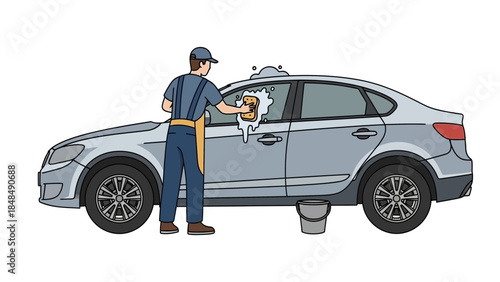 Mechanic washing car with soap and sponge outdoors