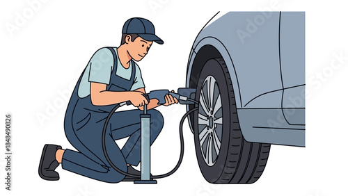 Mechanic inflating car tire with air pump at service station