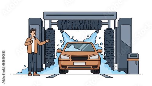 Man washing car at automated car wash station with soap