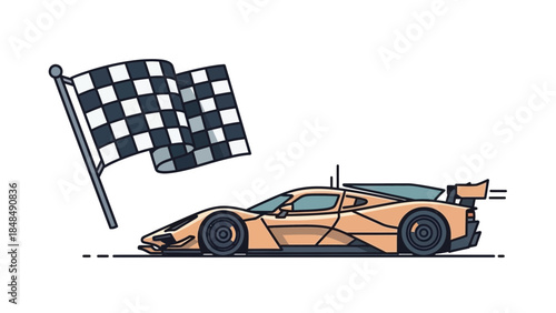 Racing car speeding under checkered flag in dynamic motion