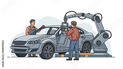 Automotive technicians working with robotic equipment on a car