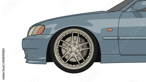 Sleek blue sports car with alloy wheels on white background