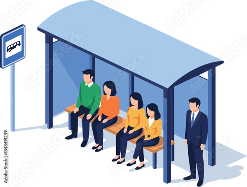 Isometric bus stop and public transport shelter illustration, with people waiting for the bus, representing city travel, urban infrastructure, and community service vector graphic.