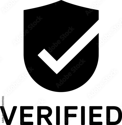 A black shield icon with a white checkmark symbolizes verification and trust, isolated on a white background for digital platforms.